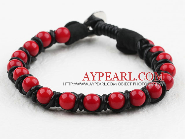 Fashion Style Leather and Round Red Coral Bracelet with Metal Clasp