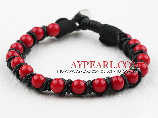 Mote Stil lær og Round Red Coral armbånd med Metal Clasp