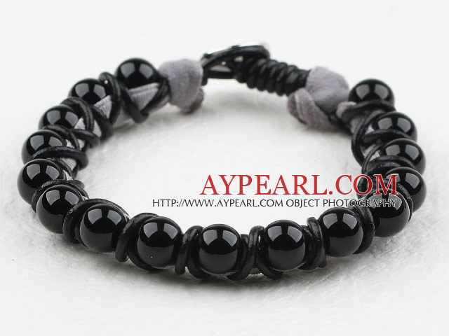 Fashion Style Leather and Round Black Agate Bracelet with Metal Clasp