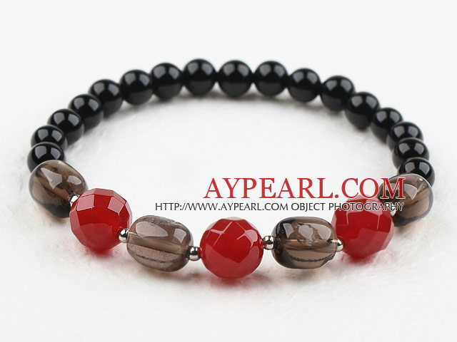 Smoky Quartz and Red Carnelian and Black Agate Stretch Bangle Bracelet