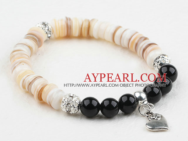 Disc Shape Shell and Black Agate and White Rhinestone Ball and Heart Accessory Stretch Bangle Bracelet