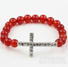 Wholesale White Rhinestone Sideway/Side Way Cross and Round Red Carnelian Stretch Bangle Bracelet