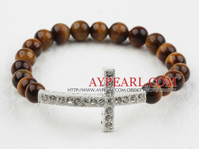 White Rhinestone Sideway/Side Way Cross and Round Tiger Eye Stretch Bangle Bracelet