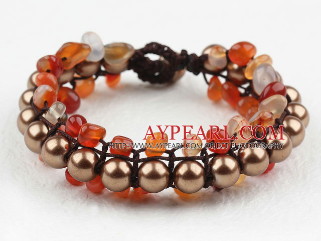 Fashion Style Three Layer Agate and Brown Color Shell Beads Woven Bracelet