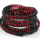 Long Style Black and Red Crystal Woven Wrap Bangle Bracelet with Shell Clasp