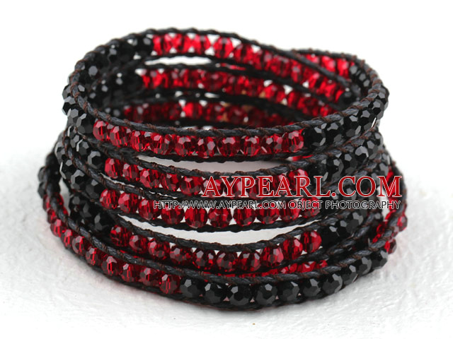 Long Style Black and Red Crystal Woven Wrap Bangle Bracelet with Shell Clasp