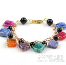 Forme Multi Color Stripe Rhombus dragon Agate Bracelet avec chaîne en métal de couleur jaune