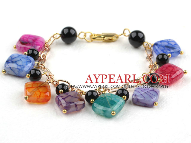 Forme Multi Color Stripe Rhombus dragon Agate Bracelet avec chaîne en métal de couleur jaune