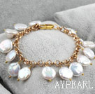 10-11mm White Coin Pearl Bracelet with Yellow Color Metal Chain