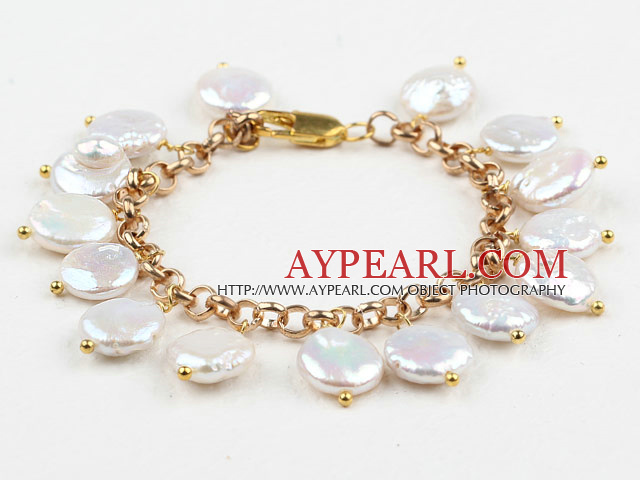 10-11mm White Coin Pearl Bracelet with Yellow Color Metal Chain