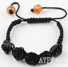 Fashion Style Black Rose Flower Imitation Turquoise Weaved Drawstring Bracelet with Adjustable Thread