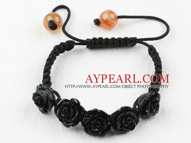 Fashion Style Black Rose Flower Imitation Turquoise Woven Drawstring Bracelet with Adjustable Thread