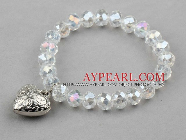 Clear Manmade Crystal Elastic Bangle Bracelet with Heart Shape Metal Accessories