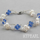 Blue Series Fashion Style White Freshwater Pearl and Blue Crystal Bracelet