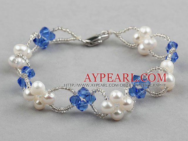 Blue Series Fashion Style White Freshwater Pearl and Blue Crystal Bracelet