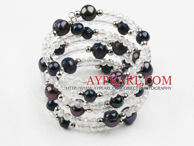 Black Freshwater Pearl and Clear Crystal Wrap Bangle Bracelet