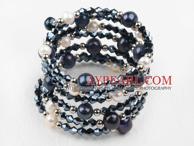 D'eau douce en noir et blanc perle et noir cristal Bracelet Wrap