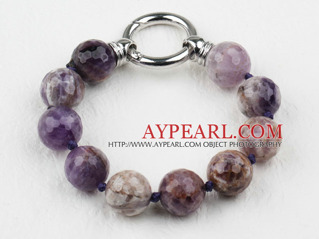 Chunky Faceted 14Mm Amethyst Beaded Bracelet With Elegant Ring Charm Clasp