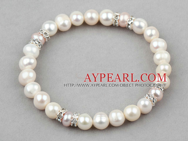 Classic Design Natural White and Purple Freshwater Pearl Elastic Bangle Bracelet with Rhinestone