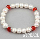 White Freshwater Pearl Elastic Bangle Bracelet with Red Crystal and Rhinestone