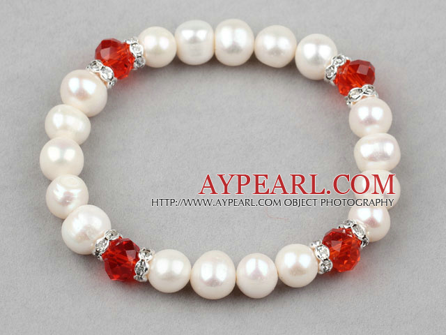 White Freshwater Pearl Elastic Bangle Bracelet with Red Crystal and Rhinestone