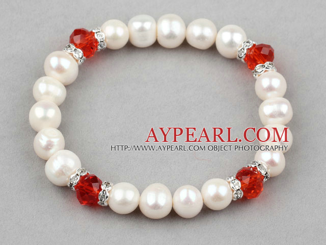 Alb de apă dulce Pearl elastic Bratara brăţară cu Red Crystal si stras