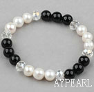 White Pearl пресной воды и прозрачного хрусталя и черного агата бисера браслет