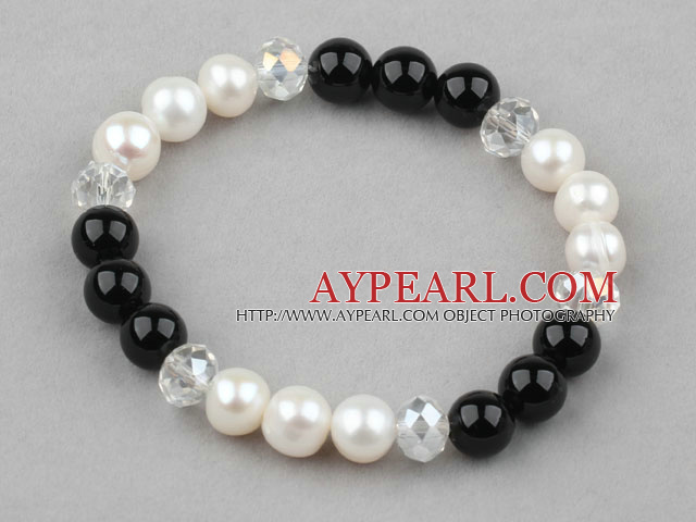 White Freshwater Pearl and Clear Crystal and Black Agate Beaded Bangle Bracelet