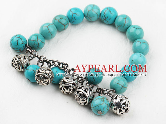 10mm ronde turquoise élastique perlé Bracelet avec des accessoires en métal à billes
