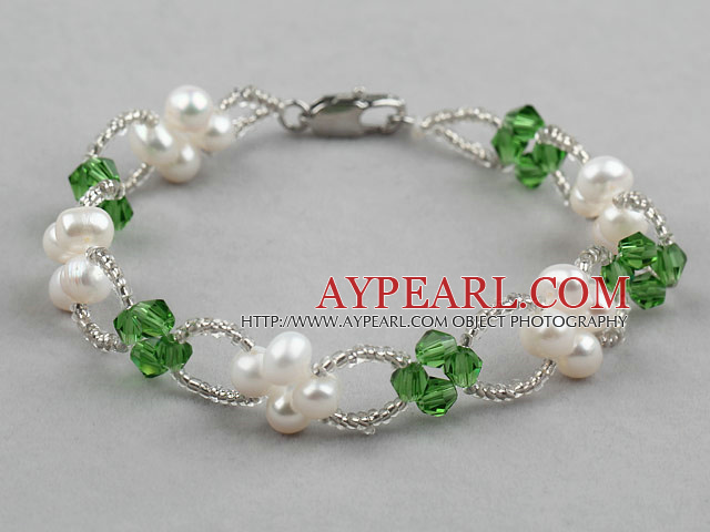 Green Series Fashion Style White Freshwater Pearl and Green Crystal Bracelet