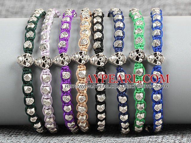 8 PCS Muoti Nikkeli Seosteräksestä Ilmainen Multi Color Skull Head Charm Thread käsin neulottuja rannerengas (random väri)