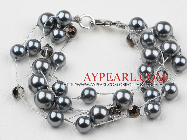 Multi Strands Round Black Gray Seashell Bracelet with Lobster Clasp