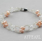 Pink Freshwater Pearl and Clear Crystal Bracelet with Lobster Clasp