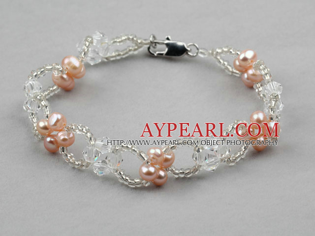 Pink Freshwater Pearl and Clear Crystal Bracelet with Lobster Clasp