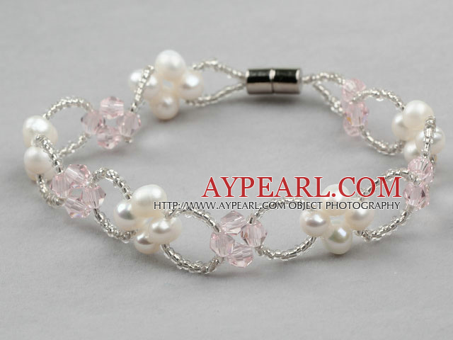 White Freshwater Pearl and Pink Crystal Bracelet with Magnetic Clasp