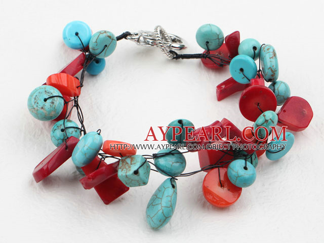 Beautiful Assorted Red Coral And Turquoise Black Threaded Bracelet