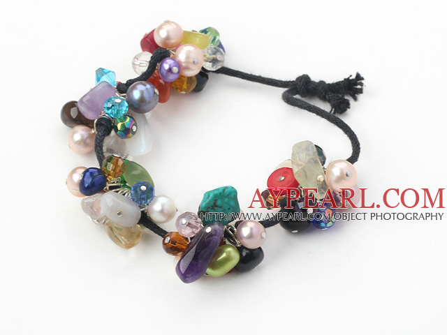 seven colored stone and pearl crystal bracelet with black cord