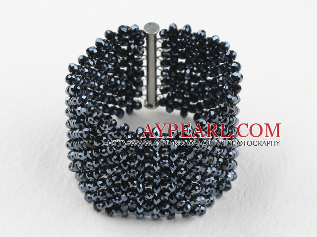 Big and Wide Style Tungsten Black Crystal Woven Bangle Bracelet