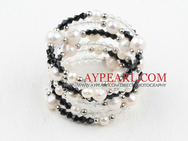 White Freshwater Pearl and Black Crystal Wrap Bangle
