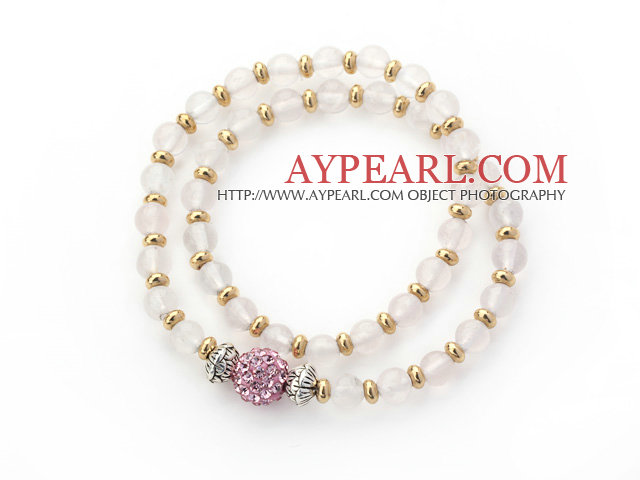 Doppelte Zeilen löschen Round Rosenquarz und goldene Farbe Perlen Stretch-Armband mit rosa Strass Kugel