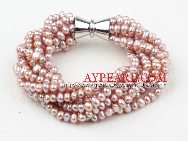 Multi Strands 3-4mm Natural Purple Freshwater Pearl Bracelet with Big Magnetic Clasp