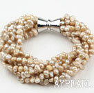 Multi Strands 3-4mm Champagne Freshwater Pearl armbånd med Big magnetisk lås