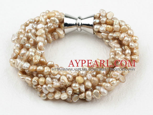 Multi Strands 3-4mm Champagne Freshwater Pearl Bracelet with Big Magnetic Clasp