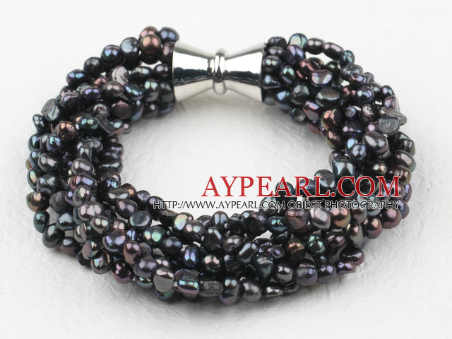 Multi Strands 3-4mm svart Freshwater Pearl armbånd med Big magnetisk lås