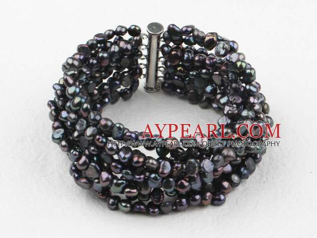 Multi Strands Black Freshwater Pearl Bangle Bracelet