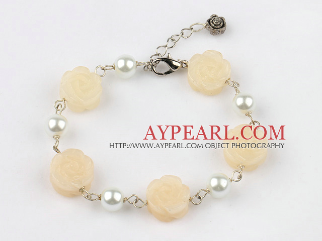 white manmade  pearl and yellow jade flower bracelet with extendable chain