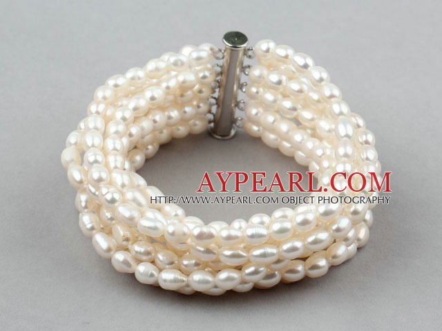 Multi Strands Natural White Freshwater Rice Shape Pearl Bangle Bracelet