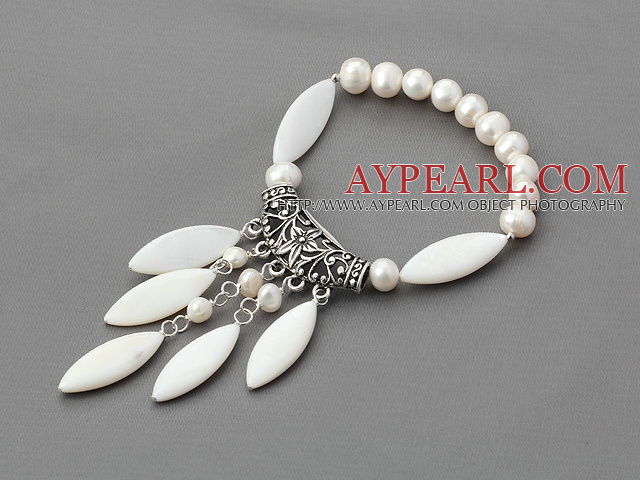 White Freshwater Pearl and White Shell Elastic Bracelet