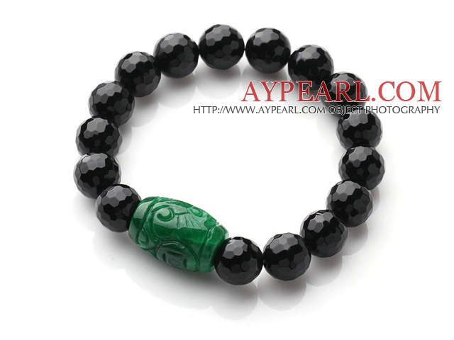 Single Strand A Grade Faceted Black Agate And Green Jade Elastic Bracelet