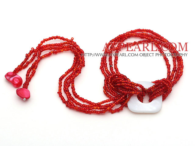 chalumeau en verre rouge shell perles bracelet (réglable)